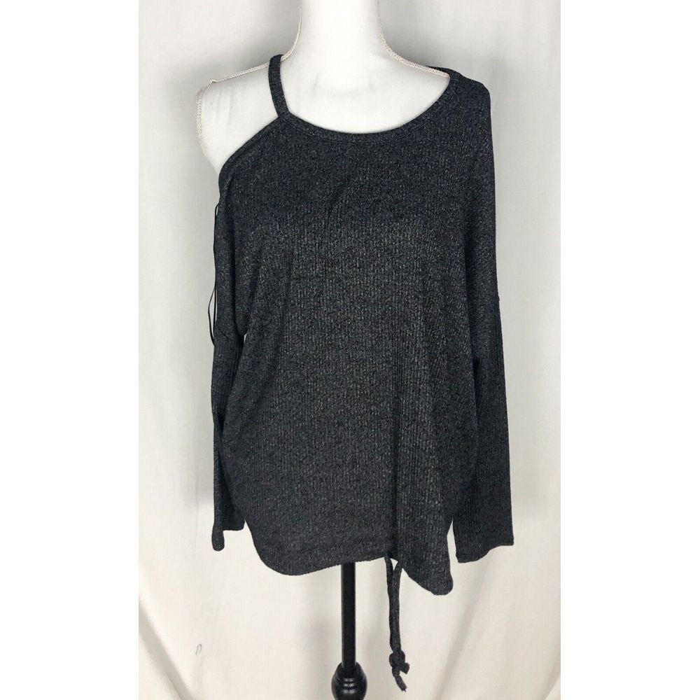Rock & Republic One Cold Shoulder Drawstring Front Dark Gray Sweater Size XL